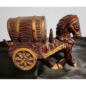 Vintage Redware Horse Wagon Decanter Whiskey Beer Barrel Barware Brewery Japan